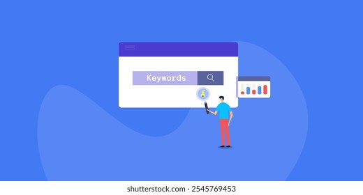 Keyword research for website SEO, Keyword analysis tool, Business people with magnifying glass in hand - vector illustration background with characters