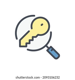 Keyword search color line icon. Magnifier glass with key vector outline colorful sign.