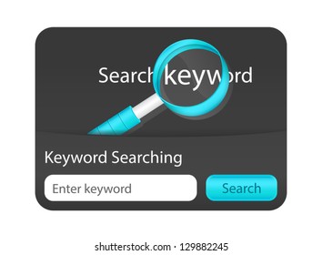 Keyword search form with dark background and blue magnifying glass. Form for website and mobile applications.