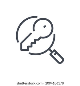 Keyword search line icon. Magnifier glass with key vector outline sign.