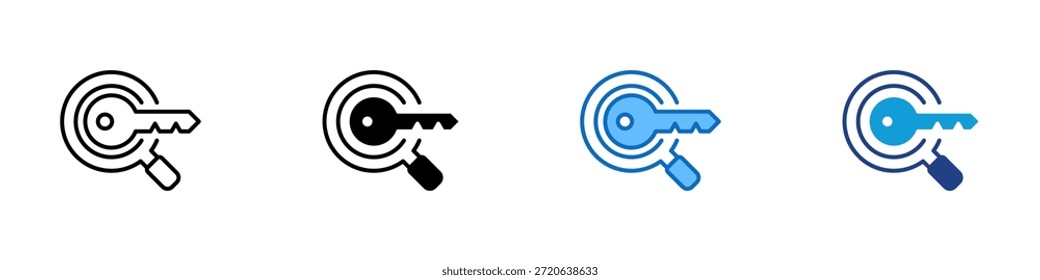 Keyword Search Multiple Style Icon Design Vector - key over a magnifying glass, symbolizing keyword search, access discovery, and targeted lookup