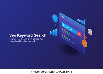 Keyword search, SEO keyword, SEO marketing, Analytics dashboard - conceptual futuristic design - isometric vector illustration