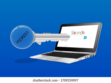 Keyword searching on search engine website laptop, For SEO search engine optimization, by find best keyword research to SERP search engine results pages.

