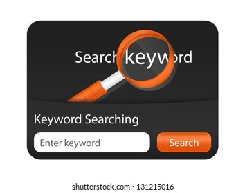Keyword searching website element with magnifying glass. Black background with orange magnifier.