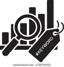Keyword spy icon with bar chart and magnifying glass isolated on white background, illustration