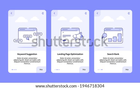 keyword suggestion landing page optimization search rank onboarding for mobile app with dashed line style