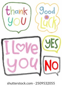 Keyword thank you, good luck, i love you, yes, no, illustration clipart and vector