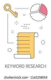 Keywording or keyword research process for SEO. Data and information analysis for optimization. Isolated line vector illustration