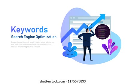 Keywording, SEO keyword research, keywords ranking optimization on search engine. Flat vector illustration of people looking at data and coding in website.