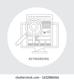 Keywording, SEO keywording process, keyword research, keywords optimization flat vector 