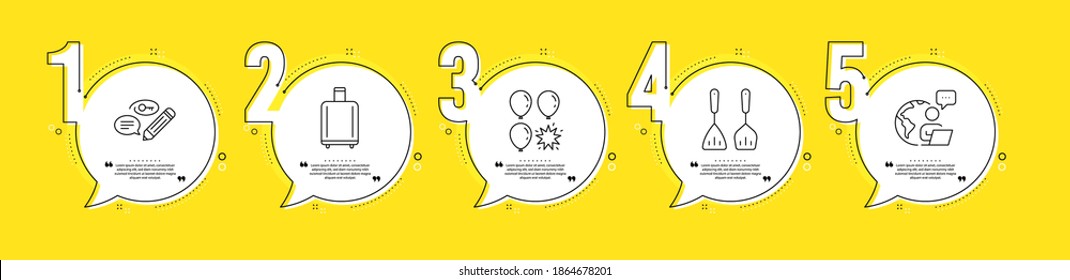Keywords, Balloon dart and Baggage reclaim line icons set. Timeline process infograph. Cooking cutlery sign. Pencil with key, Attraction park, Airport bag. Kitchen accessories. Business set. Vector