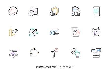 Palabras clave, gráfico de Bitcoin e iconos de línea de laboratorio de Química para sitio web, impresión. Colección de portafolio de negocios, Trabajo en casa, Justicia escala iconos. Hora del calendario, casilla de verificación. Vector