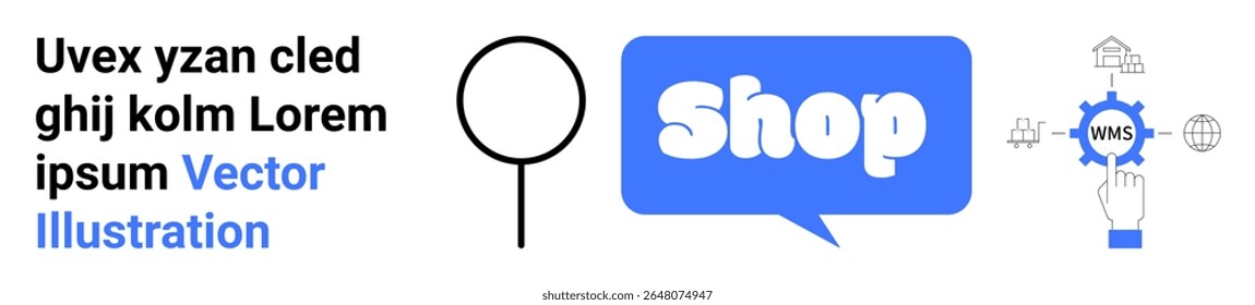 Keywords in blue and black text with a search icon and a shopping gear. Ideal for online shopping, e-commerce, digital marketing, retail industry, and website development. Banner for landing page