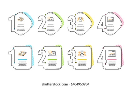 Keywords, Group and Online documentation icons simple set. Website statistics sign. Pencil with key, Group of people, Web engineering. Data analysis. Infographic timeline. Line keywords icon. Vector