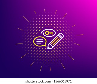 Keywords line icon. Halftone pattern. Pencil with key symbol. Marketing strategy sign. Gradient background. Keywords line icon. Yellow halftone pattern. Vector