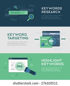 Keywords optimization banners on flat background of keywords research, keywords targeting, tweaking titles and descriptions. Web development and SEO. Search engine optimization, technology, innovation