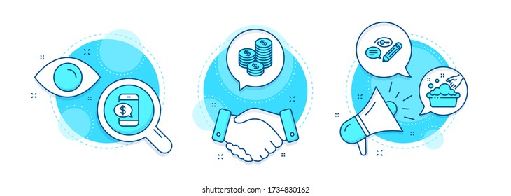 Keywords, Phone payment and Hand washing line icons set. Handshake deal, research and promotion complex icons. Coins sign. Pencil with key, Mobile pay, Laundry basin. Cash money. Business set. Vector