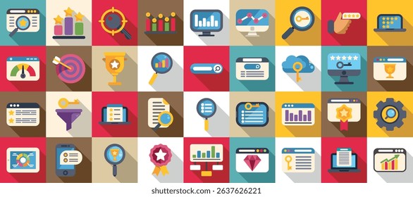  Keywords ranking icons set. Colorful seo icons representing online marketing, website analytics, and search engine optimization concepts