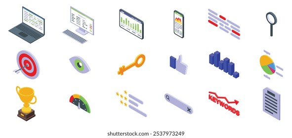 Conjunto de iconos de clasificación de Palabras claves. Iconos isométricos que representan varios aspectos del SEO, incluyendo la orientación, la visión, la investigación de la Palabra clave, la medición del rendimiento y el logro del éxito