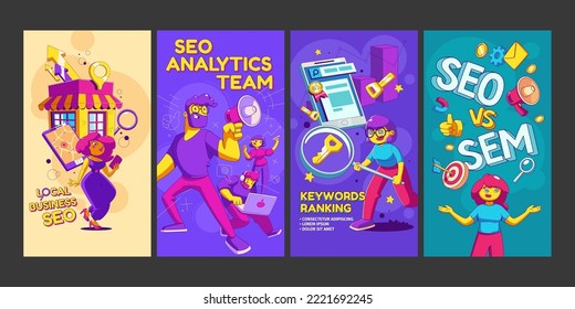 Keywords ranking, SEO analytics team, comprasion with SEM and local search engine optimization concept. Stories template for social media with people work in SEO agency, vector illustration