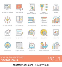 Keywords and rankings, blogging, branding service, campaign tweaks, clean code, seo performance, copywriting, team schedule, web analytics, target audience, strategy online marketing vector icons.