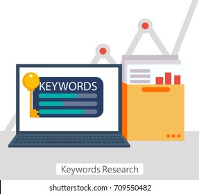 Keywords Research banner. Laptop with a folder of documents and graphs and key. Vector flat illustration