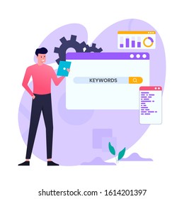 keywords research illustration concept. man doing research best keywords. vector illustration