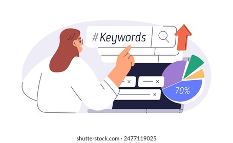 Keywords and search engine optimization concept. Marketing strategy and SEO analysis, contextual ads, ranking, data analytics and development. Flat vector illustration isolated on white background