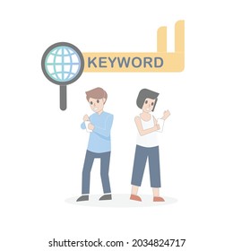 Keywords Searching Concept With Magnifying Glass,SEO optimization analysis,People search for keywords internet online by smart phone find what they are looking for,Vector illustration.
