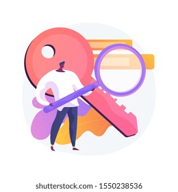 Keywords searching. SEO, content marketing isolated flat design element. Business solution, strategy, planning. Man holding magnifier and key. Vector isolated concept metaphor illustration