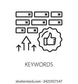 Schlagwörter. SEM. Suchmaschinenmarketing. SEM-Leistung, Online-Kampagne oder Suchmaschinen-Marketing-Service-Umriss-Vektorsymbol, Social Media-Anzeigen Analyse dünne Linie Piktogramm oder Symbol mit dem Daumen-Up