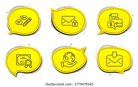 Keywords sign. Diploma certificate, save planet chat bubbles. Secure mail, Incoming mail and Accounting report line icons set. Private e-mail, Download message, Financial case. Pencil with key. Vector