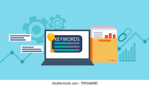 Keywords tool word matching program.   Laptop with a folder of documents and graphs and key. Vector flat illustration