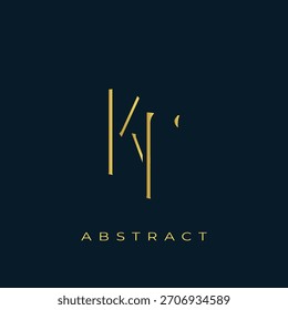 KF Abstractas diseño de logotipo dorado. Abstractas composición de símbolos de oro sobre un fondo azul marino oscuro