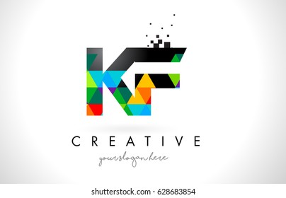 KF K F Letter Logo with Colorful Vivid Triangles Texture Design Vector Illustration.