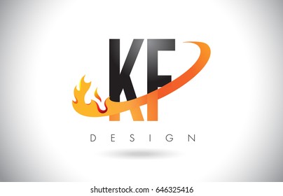 KF K F Letter Logo Design with Fire Flames and Orange Swoosh Vector Illustration.