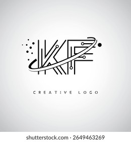 Logotipo de Monograma de Órbita KF - Marca de Letra Mínima Futurista com Linha de Arte Circular, Pontos Inspirados na Tecnologia e Conceito de Movimento Espacial para Identidade de Marca Moderna