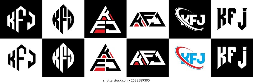 KFJ letter logo design in six style. KFJ polygon, circle, triangle, hexagon, flat and simple style with black and white color variation letter logo set in one artboard. KFJ minimalist and classic logo