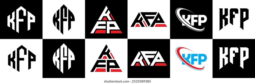 KFP Buchstaben Logo Design in sechs Stil. KFP Polygon, Kreis, Dreieck, Sechseck, flach und schlicht mit schwarz-weißem Farbvariationsbuchstaben Logo in einer Zeichenfläche. KFP minimalistisches und klassisches Logo