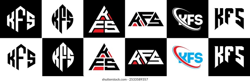 KFS letter logo design in six style. KFS polygon, circle, triangle, hexagon, flat and simple style with black and white color variation letter logo set in one artboard. KFS minimalist and classic logo