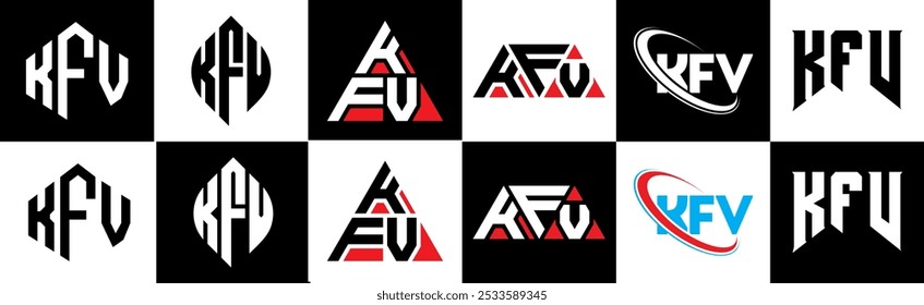 KFV Buchstaben Logo Design in sechs Stil. KFV Polygon, Kreis, Dreieck, Sechseck, flach und schlicht mit schwarz-weißem Farbvariationsbuchstaben Logo in einer Zeichenfläche. KFV minimalistisches und klassisches Logo