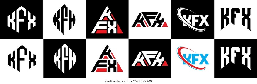KFX letter logo design in six style. KFX polygon, circle, triangle, hexagon, flat and simple style with black and white color variation letter logo set in one artboard. KFX minimalist and classic logo