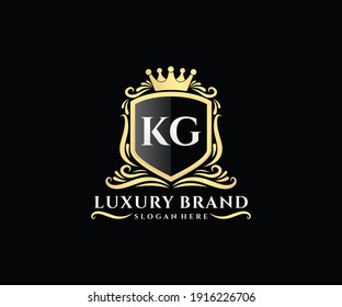 KG Initial Letter Gold calligraphic feminine floral hand drawn heraldic monogram antique vintage style luxury logo design.