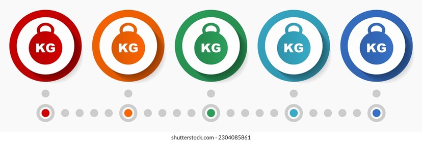 Kg, weight concept vector icon set, infographic template, flat design colorful web buttons in 5 color options