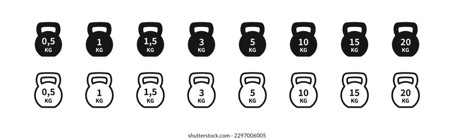 kg Gewicht Symbol. Schweres Hantel-Symbol. Sportschilder. Messen Sie Symbole. Symbole mit 0,5, 1, 1,5, 3, 5, 10, 15, 20 Kilogramm. Schwarze Farbe. Vektor-Einzelzeichen.