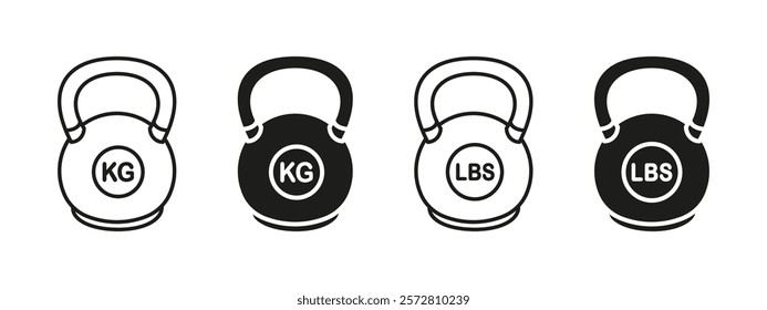 KG weight icon. KG and LBS unit measurement symbol. Kettlebell with kilogram and pound measure sign. Lifting weights gym equipment vector illustration. Mass unit measurement pictogram. Scales balance.