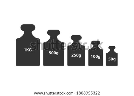 Kg weight mass black simple flat icon set. Old barbell press collection in flat design. Black silhouette isolated on white background. Weight pictogram. Metric system of units