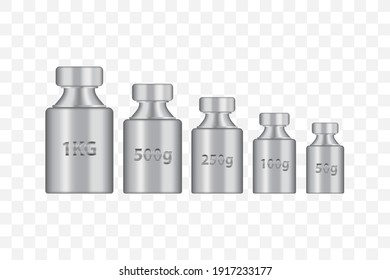 Kg weight mass silver chrome metal realistic vector set. Old press collection in realistic design. Steel plummet isolated on white background. Weight pictogram. Metrical system of units