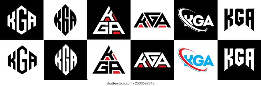 KGA letter logo design in six style. KGA polygon, circle, triangle, hexagon, flat and simple style with black and white color variation letter logo set in one artboard. KGA minimalist and classic logo