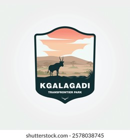 Kgalagadi Transfrontier Parks badge showcases antelope silhouette against sunset savanna backdrop. Suitable for nature park promotions and conservation.